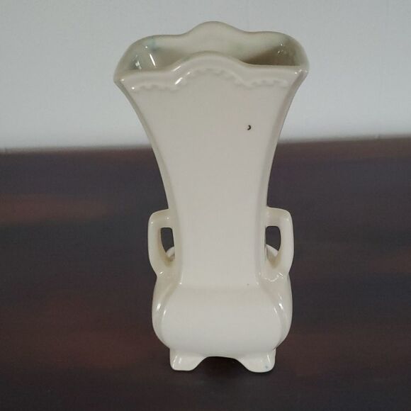 Vintage Ornate Glazed Ceramic White Vase w/Handles - Picture 3 of 7